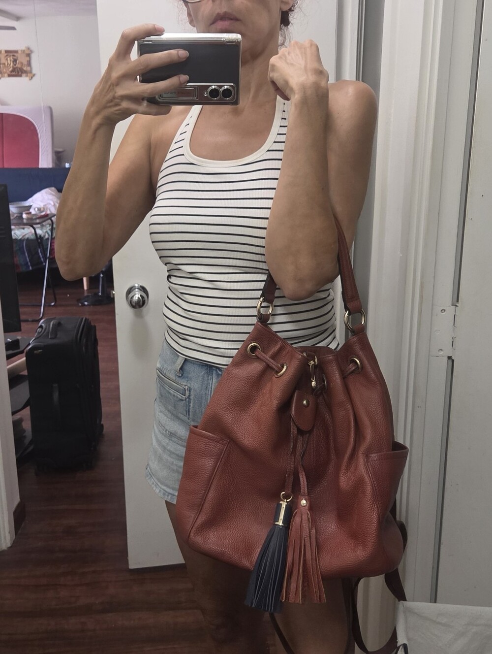 Vincenzo Persimmon Leather Large Bucket Bag convertible Backpack Hobo
